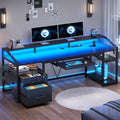 SEDETA 63' Computer Desk, Office Desk with Lockable Drawers for Legal/Letter File, Gaming Desk with LED Lights & Power Outlet, Home Office Desks with Storage, Black