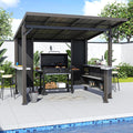 ALAULM 10'x 10' Hardtop Grill Gazebo, Outdoor BBQ Gazebo with Storage Shelves and Expansion Platform, Permanent Galvanized Steel Lean to Canopy with Grey-Black Metal Privacy Screen for Patio