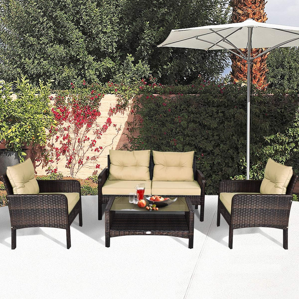 HAPPYGRILL 4-Piece Patio Furniture Outdoor Rattan Wicker Sofa Set with Cushions & Coffee Table with Tempered Glass Table Top and Storage Shelf