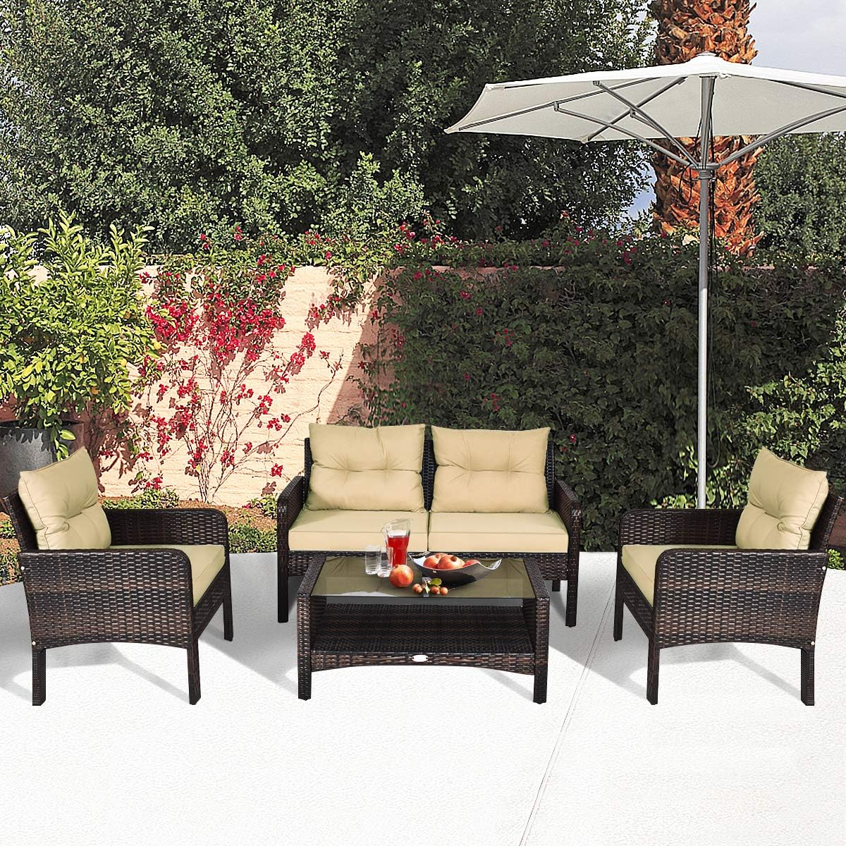 HAPPYGRILL 4-Piece Patio Furniture Outdoor Rattan Wicker Sofa Set with Cushions & Coffee Table with Tempered Glass Table Top and Storage Shelf