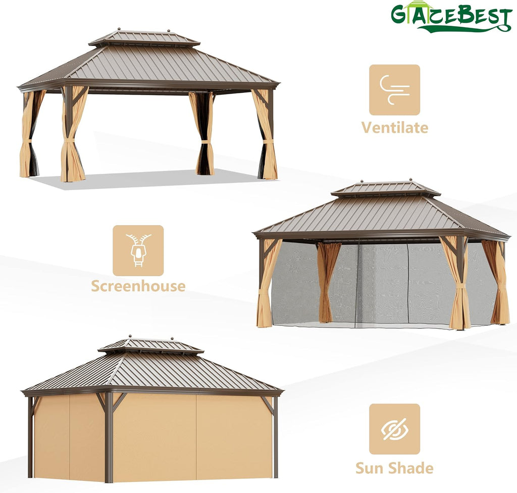 12X16 ft Hardtop Gazebo Outdoor Aluminum Patio Gazebo Double Roof Galvanized Steel Gazebo Canopy with Netting and Curtains,for Garden Patio,Patio Backyard,Deck and Lawns