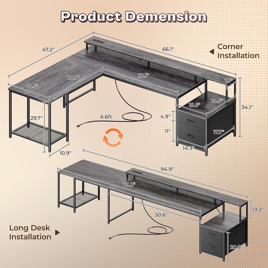 PRAISUN 66' L Shaped Gaming Desk with LED Lights & Power Outlets, Computer Desk with Fabric Drawers and Print Stand, Corner Office Desk, Monitor Stand, Mesh CPU Stand, Grey