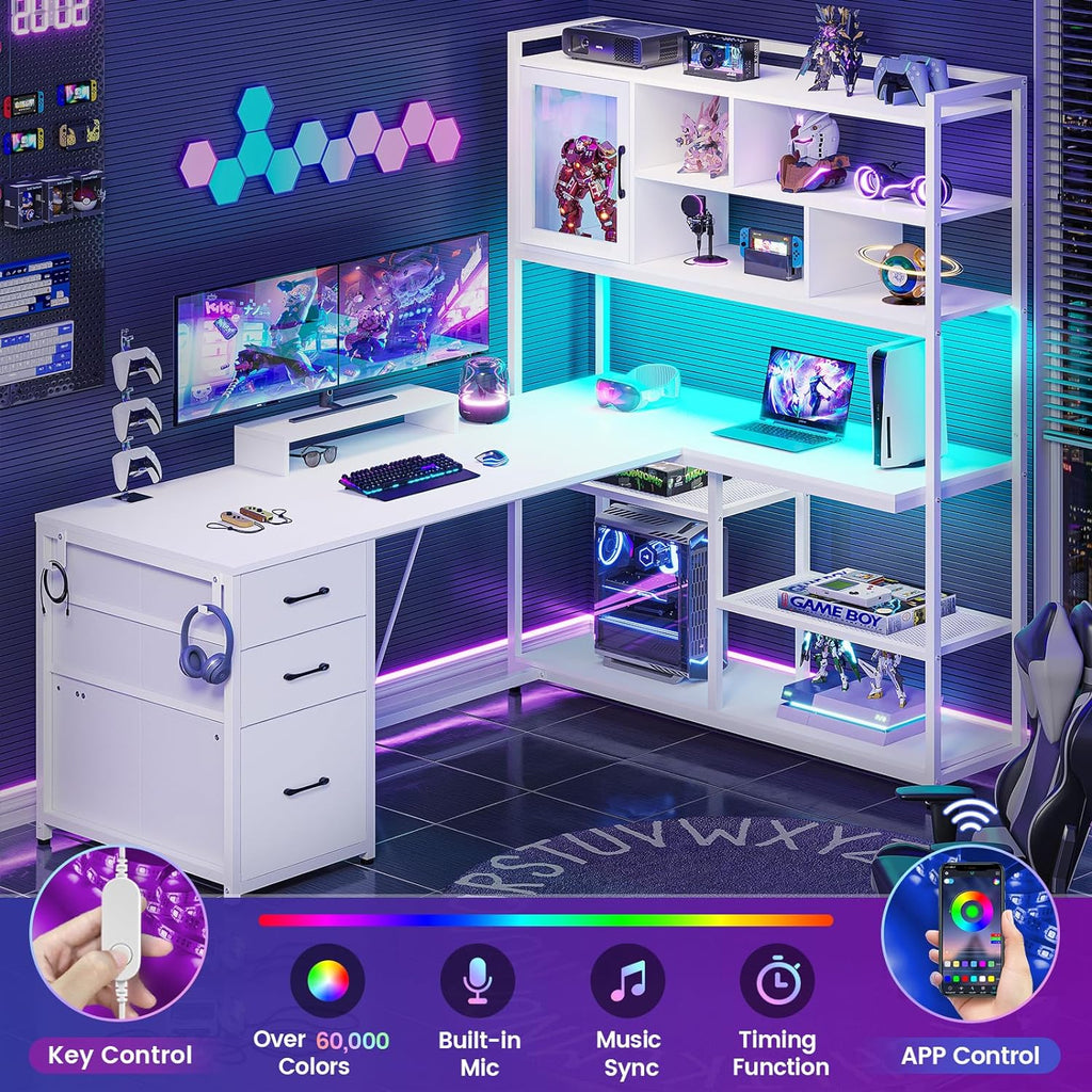 SEDETA L Shaped Computer Desk, 58'' Office Desk with 3 Drawers and Bookshelf, L Shaped Corner Desk with Storage Shelves and LED Light for Home Office, Gaming Desk, L Desk, White