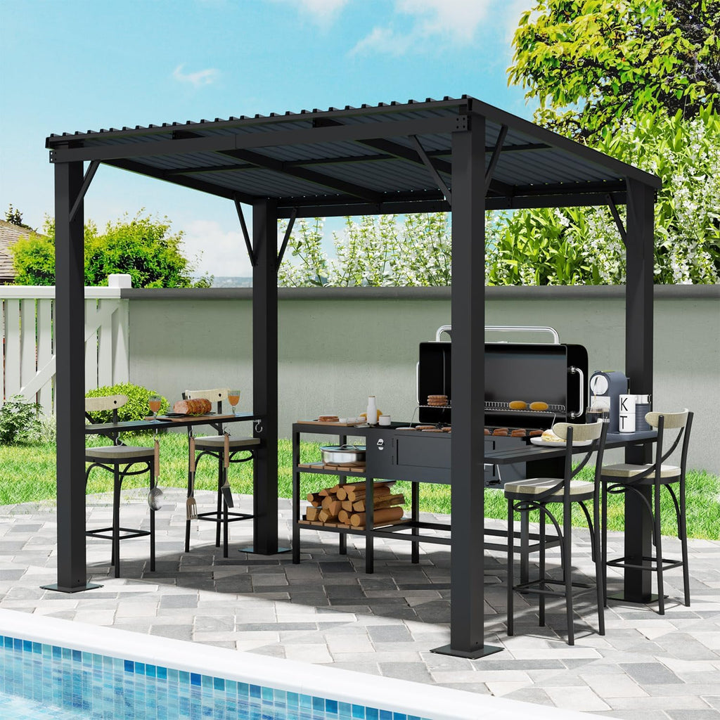 EBE 5'x8' Hardtop Grill Gazebo, Outdoor Gazebo with Side Shelves, BBQ Grill Canopy with Bottle Opener & Hooks, Metal Gazebo Pergola for Patio, Backyard, Deck