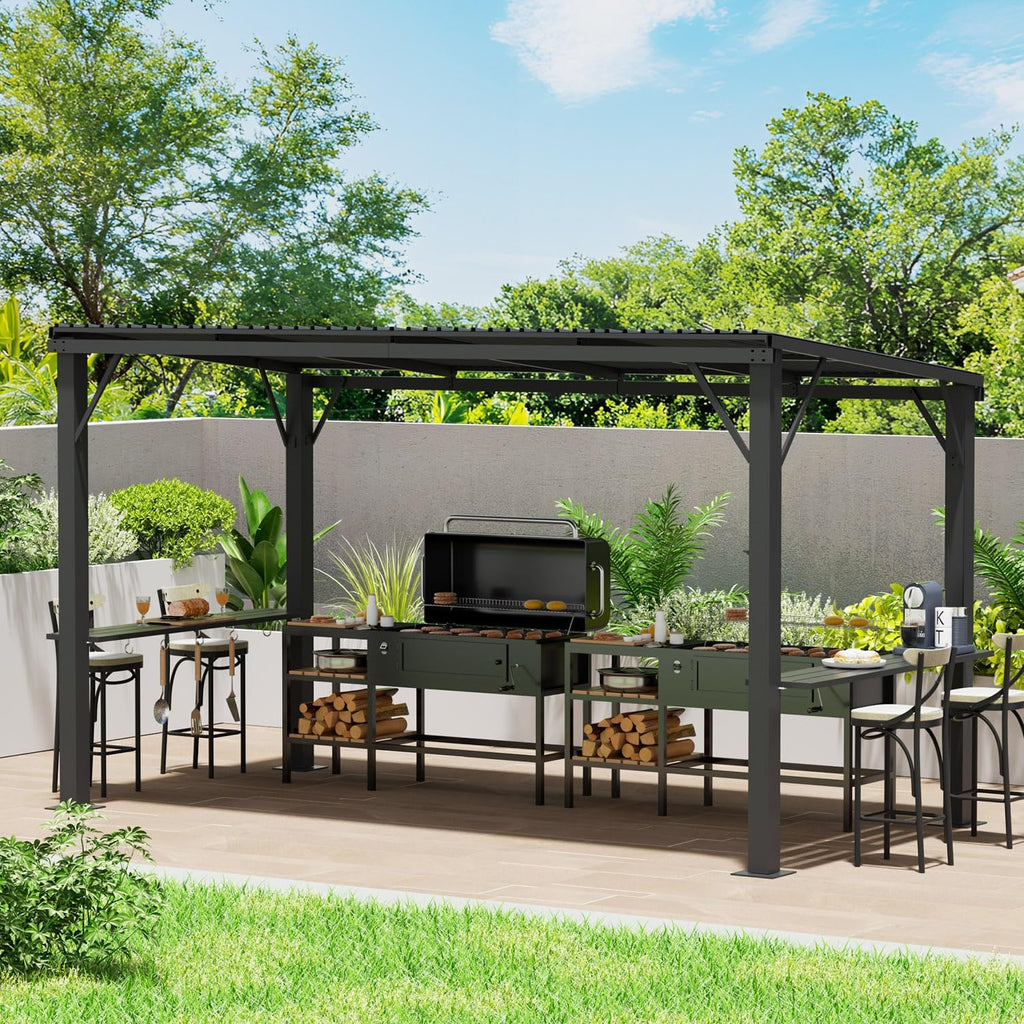 EBE 6'x12' Hardtop Grill Gazebo, Outdoor BBQ Gazebo with Side Shelves, Grill Pergola Canopy with Bottle Opener & Hooks, Metal Gazebo for Patio, Backyard, Deck