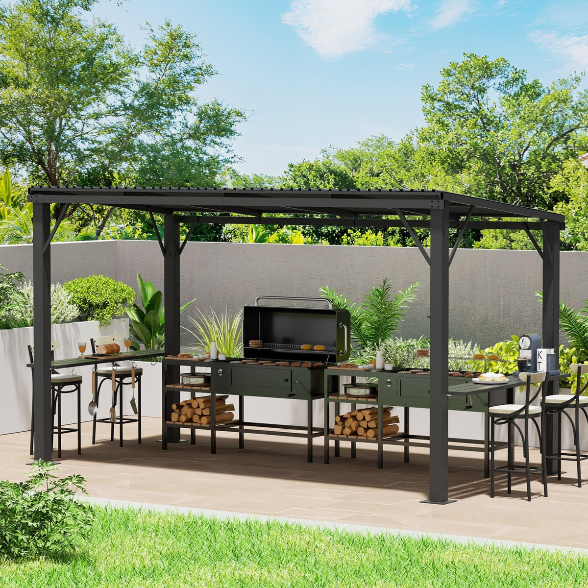 EBE 6'x12' Hardtop Grill Gazebo, Outdoor BBQ Gazebo with Side Shelves, Grill Pergola Canopy with Bottle Opener & Hooks, Metal Gazebo for Patio, Backyard, Deck
