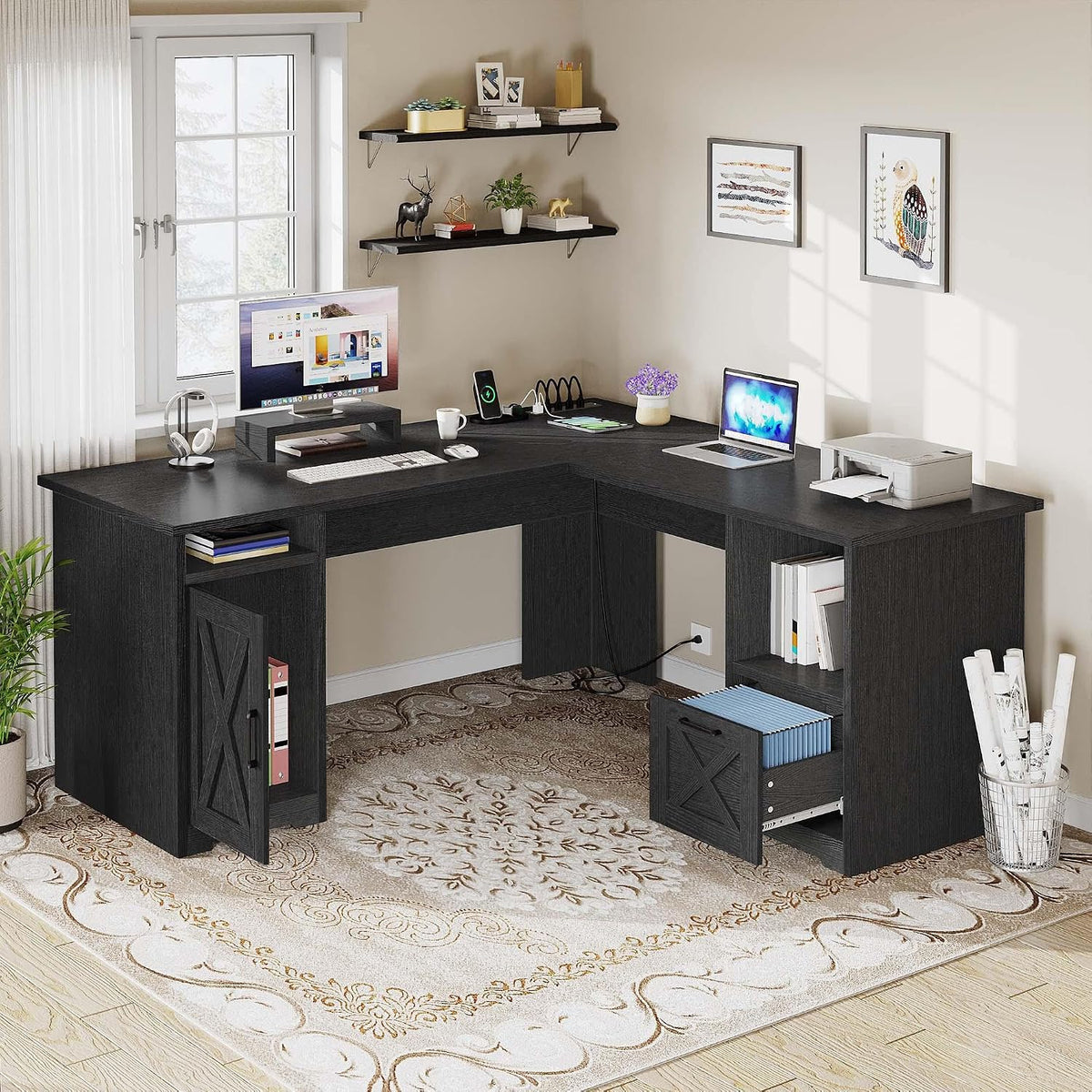 DWVO L Shaped Desk with File Drawer, 60' Corner Computer Desk with Power Outlets, Home Office Desk with Monitor Stand & Storage Shelves & File Cabinet, Black