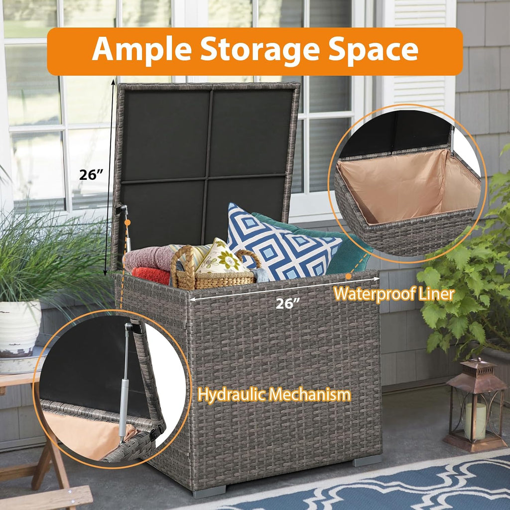 Super Patio 8 Pieces Outdoor Patio Furniture Set with 45' Fire Pit Table, Rattan Patio Conversation Sets with 50000 BTU Gas Fire Pit, Wicker Sectional Sofa Set with Storage Box, Gray (Without Table)