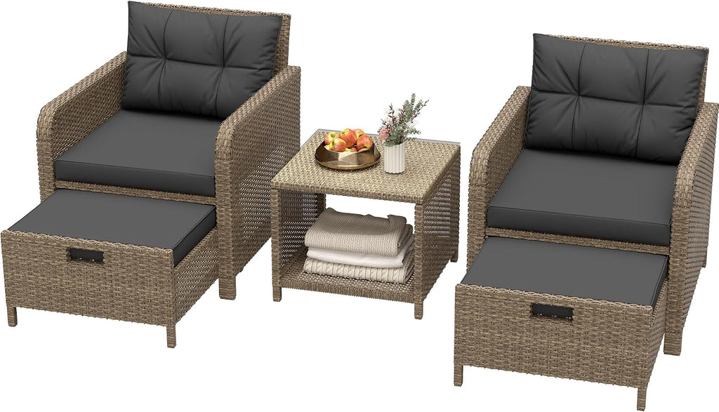 LHBcraft Balcony Furniture 5 Piece Wicker Patio Furniture Set, Outdoor Hand-Woven Rattan Lounge Chairs with Tempered Glass Coffee Table, Ottomans & Soft Cushions for Front Porch, Garden, Black