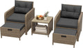 LHBcraft Balcony Furniture 5 Piece Wicker Patio Furniture Set, Outdoor Hand-Woven Rattan Lounge Chairs with Tempered Glass Coffee Table, Ottomans & Soft Cushions for Front Porch, Garden, Black