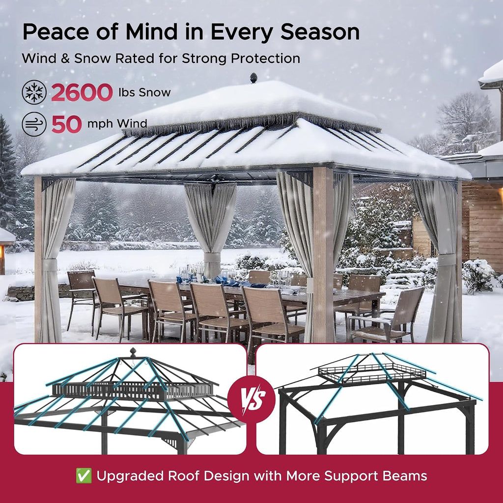 SUNJOY Kingston 14' x 12' Hardtop Gazebo with Curtain, Netting and Galvanized Steel Double Roof, Woodgrain Finish Aluminum Posts Permanent Pavilion Gazebo for Garden, Patio, Deck, Lawn