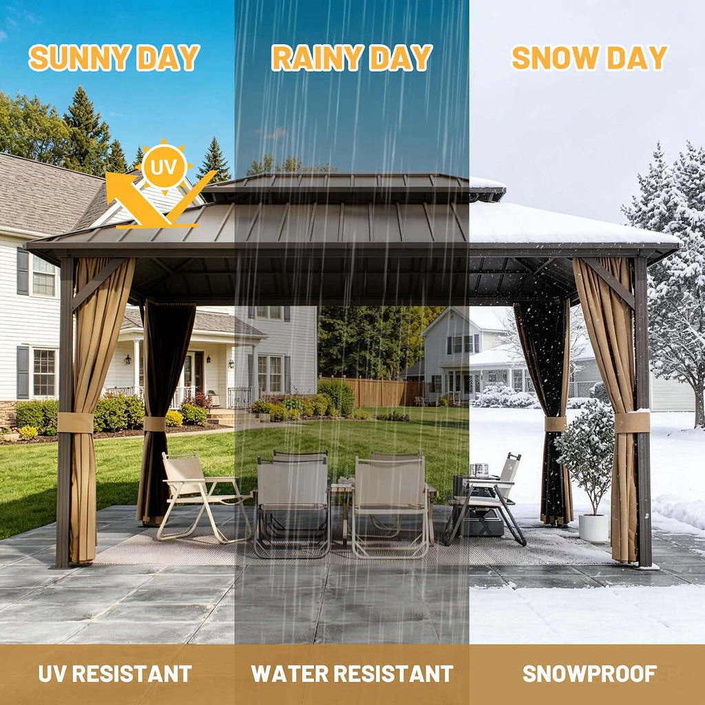 12x16 ft Hardtop Gazebo Outdoor Aluminum Patio Gazebo Double Roof Galvanized Steel Canopy with Netting and Curtains for Garden, Backyard, Deck and Lawns.
