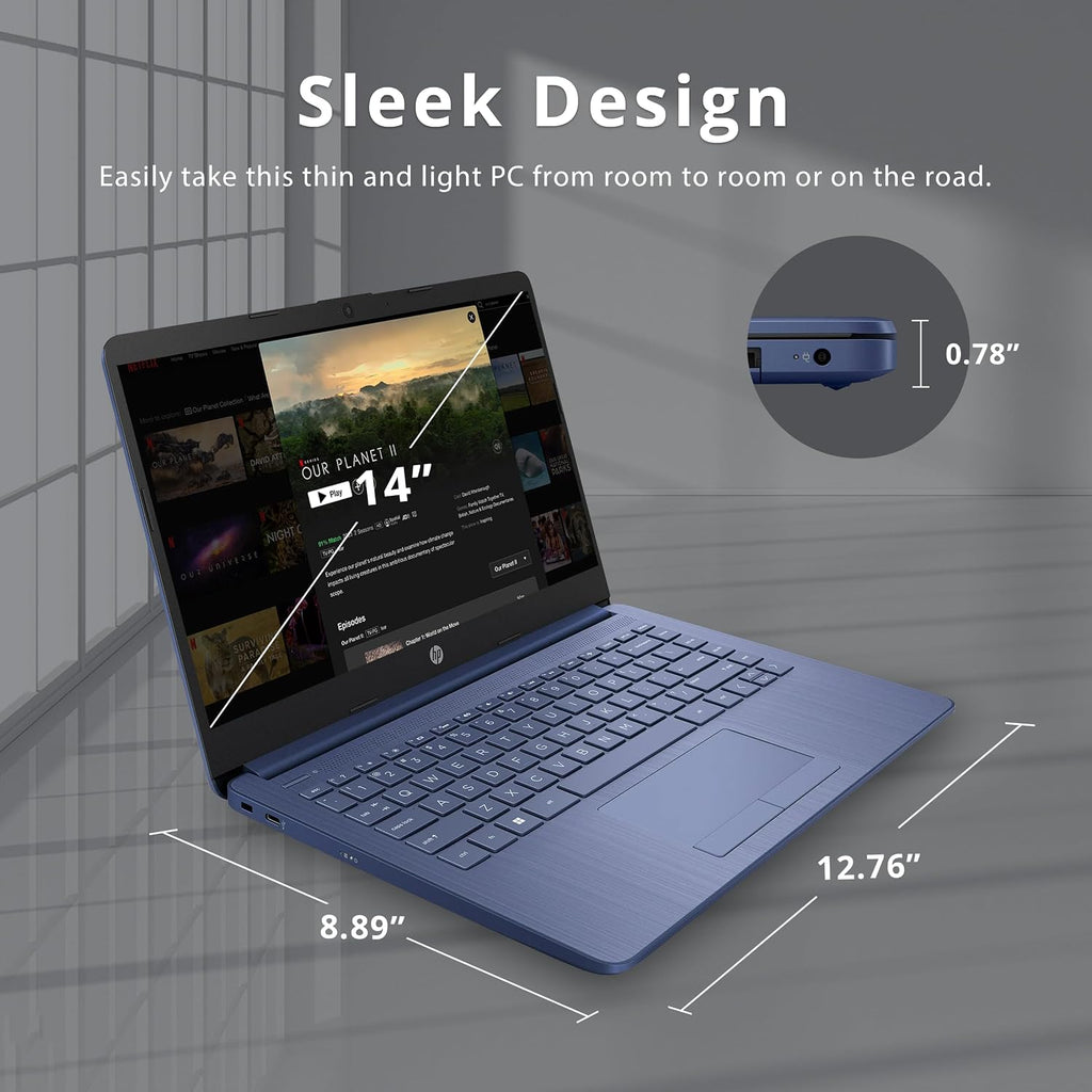 HP 14' HD Laptop, Windows 11, Intel Celeron Dual-Core Processor Up to 2.60GHz, 4GB RAM, 64GB SSD, Webcam, Dale Blue (Renewed)
