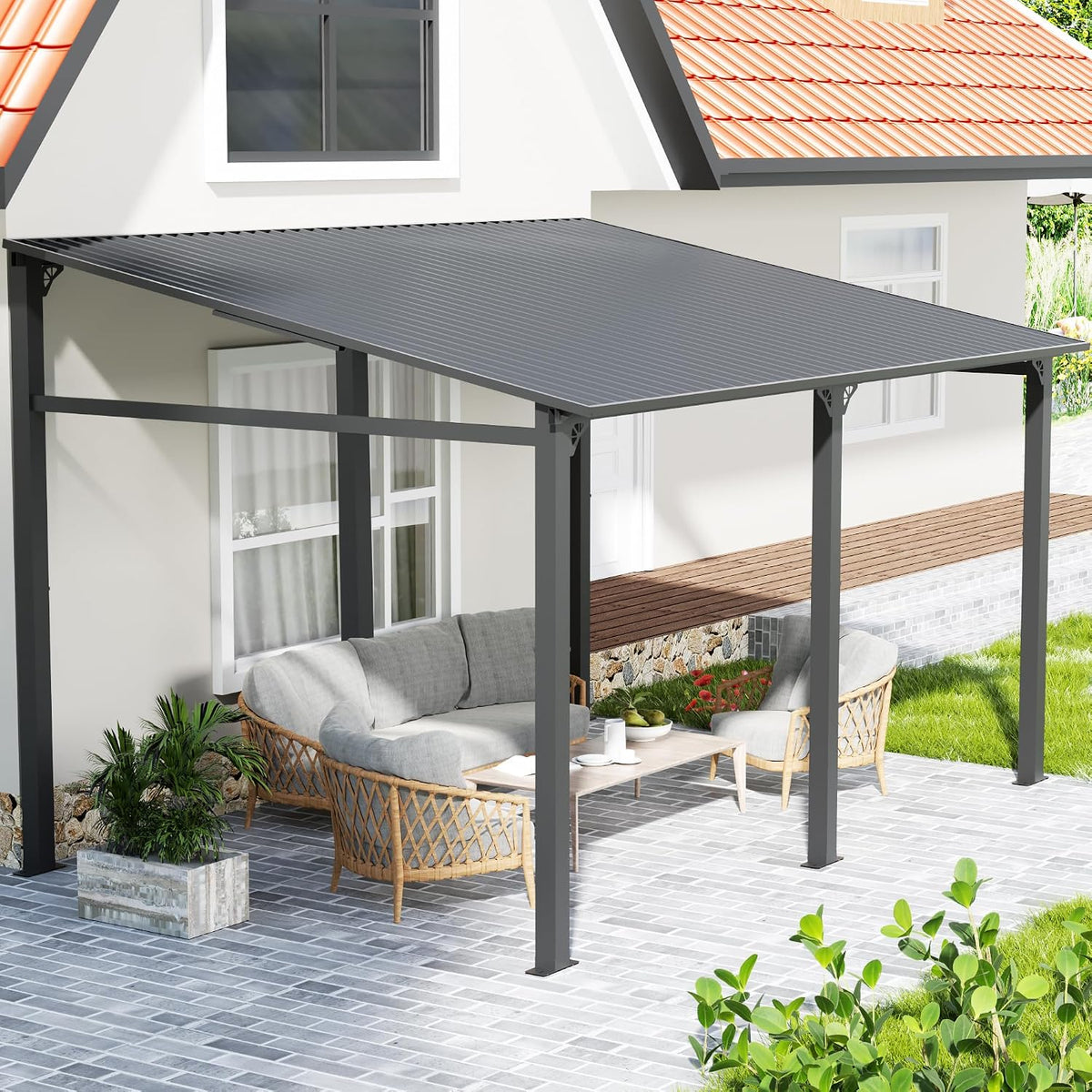 EBE 14' x 10' Hardtop Gazebo, Lean to Gazebos with Galvanized Steel Roof, Heavy Duty Outdoor Pergola and Gazebos Clearance, Wall Mounted Grill Gazebo Awning for Patio, Poch, Backyard
