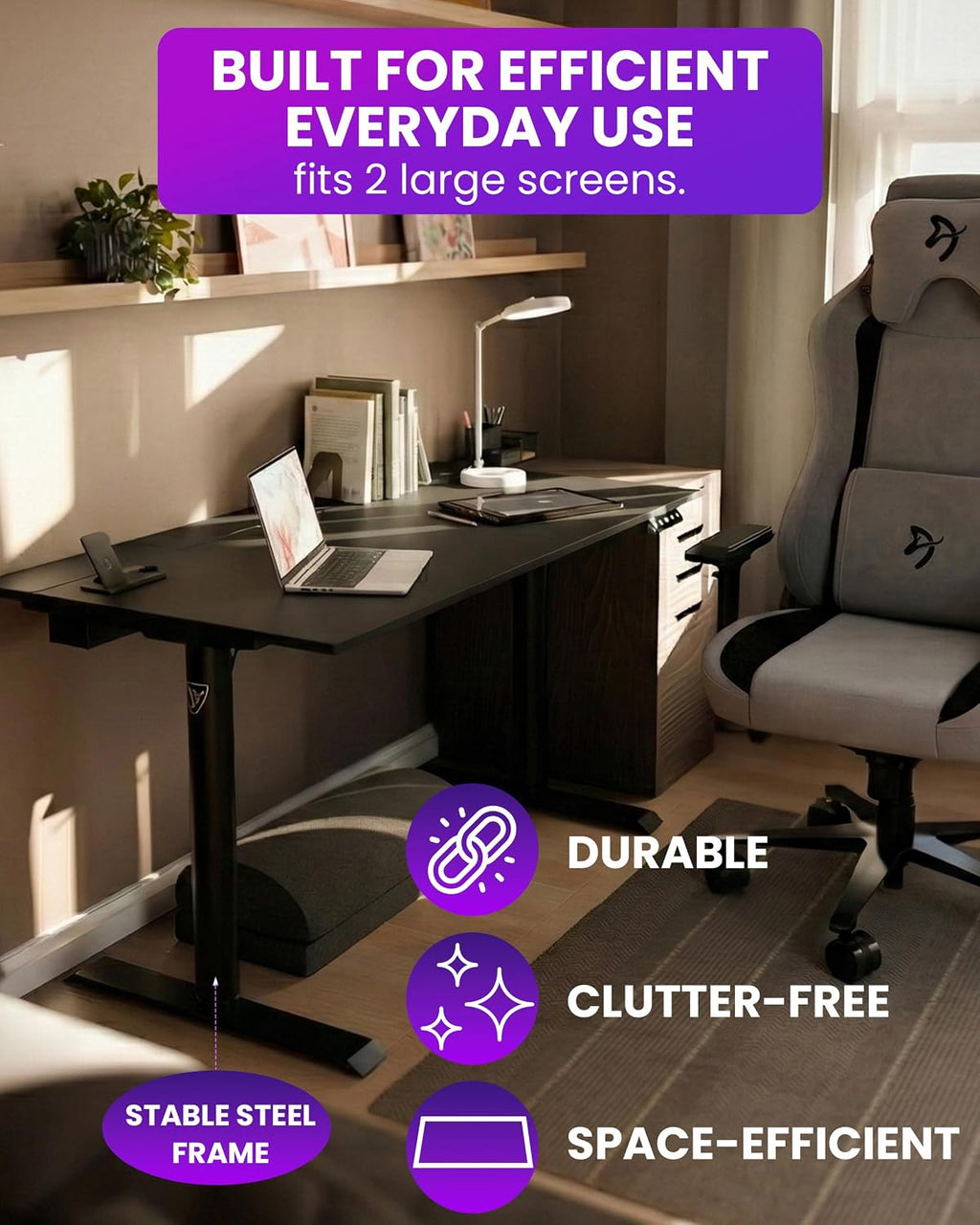 Arozzi Arena Nordico Gamer Desk – 55x27.6' Electric Standing Table – PC Gaming Desk with Storage for Cables - Dual Cable Baskets, Split Tabletop, Monitor Arm Friendly - Black