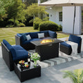 8 Pieces Outdoor Patio Furniture Set with 44' Fire Pit Table Black Rattan Sectional Conversation Sets w/Gas Fire Pit, Coffee Table, 1 Waterproof Covers, Navy Blue