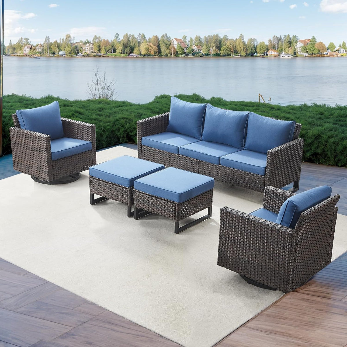 Luxury Wicker Outdoor Patio Furniture Set of 5 - 5 Piece Patio Conversation Set with 2 Swivel Rocker Chairs,2 Rattan Ottoman and 1 Couch for Outside Porch Deck Backyard Garden(Light Grey/Sky Blue)