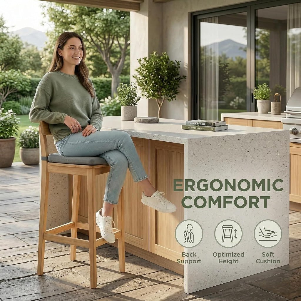 Patio Bar Stools Set of 2, Solid Acacia Wood Patio Barstools with Footrest, 28.5' Counter Height Outdoor Bar Stools, High Top Patio Bar Chairs for Balcony/Deck/Kitchen Island/Bistro, Grey