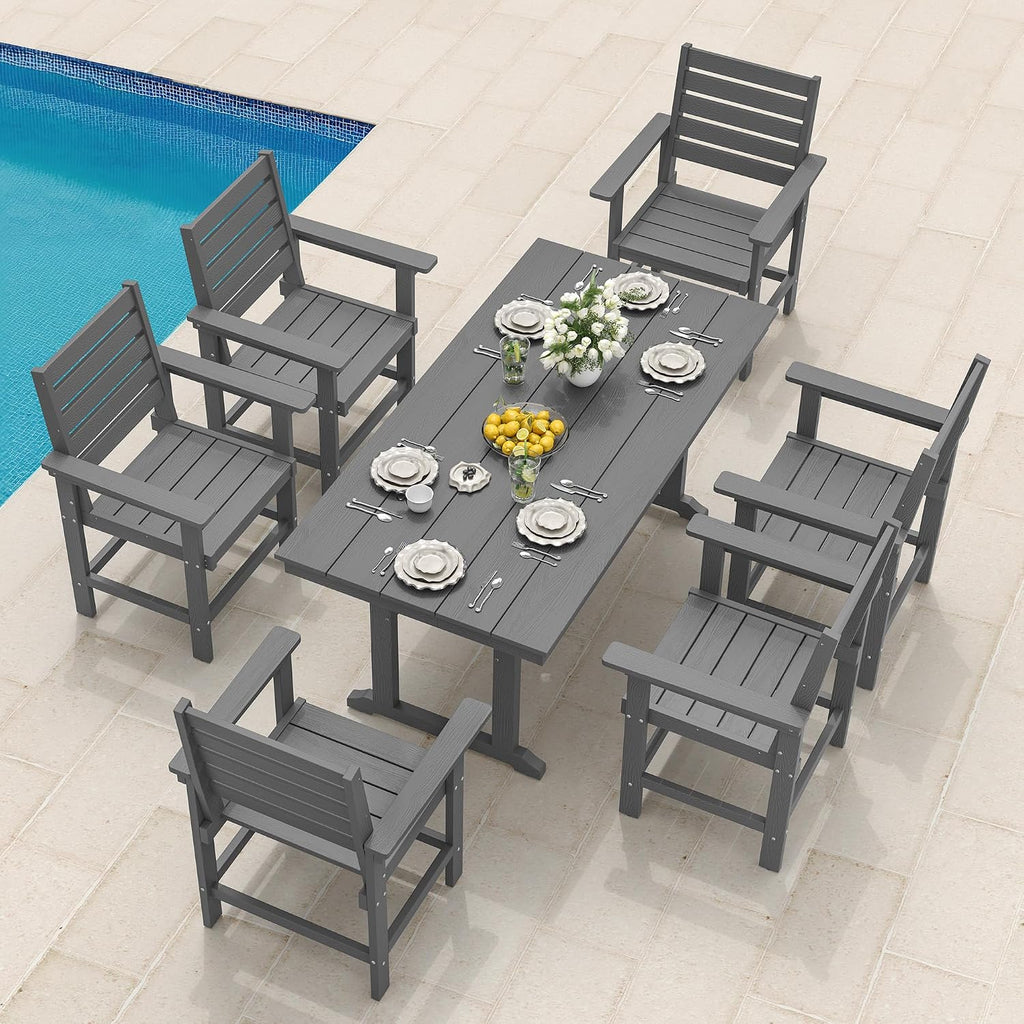7 Piece Outdoor Dining Set, HDPS Patio Table and Chairs Set, 66' Patio Table with 1.96' Umbrella Hole & 6 Chairs, All Weather Furniture for Garden, Backyard, Poolside (Grey)