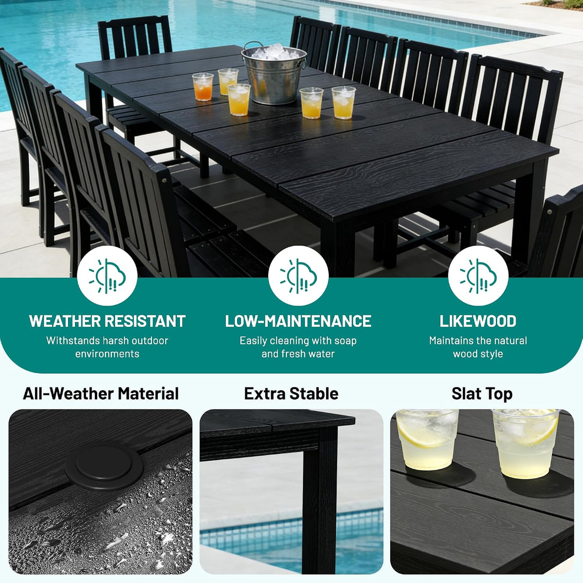 PLUUV Outdoor Dining Table with Aluminum Legs, All-Weather HDPE Rectangular Outdoor Dining Tables with 2' Umbrella Hole, Heavy-Duty Weatherproof Patio Dining Table for Backyard Deck, Black