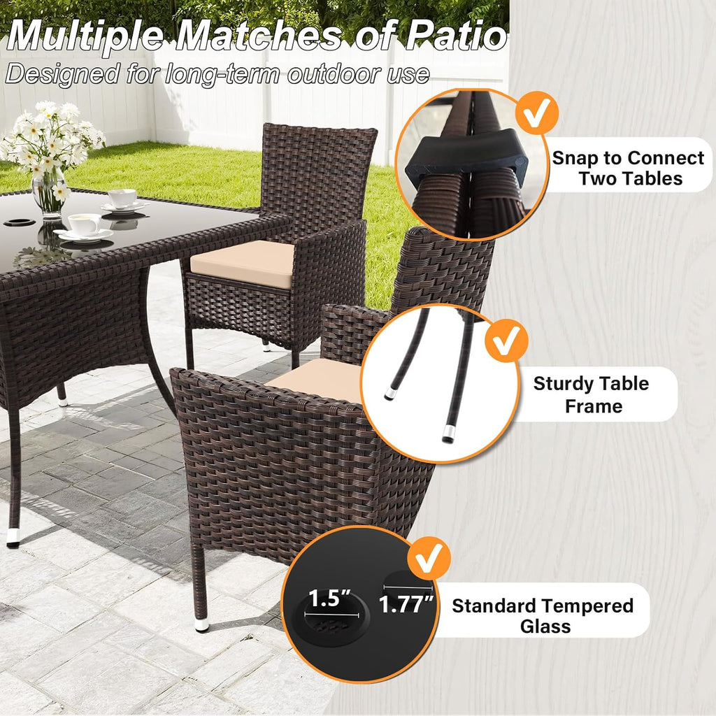 Gotland 5 Piece Outdoor Dining Set, All-Weather Rattan Patio Furniture Set with Umbrella Hole Tempered Glass Square Table, Outdoor Table and Chairs with Removable Cushions for Backyard, Deck, Sand