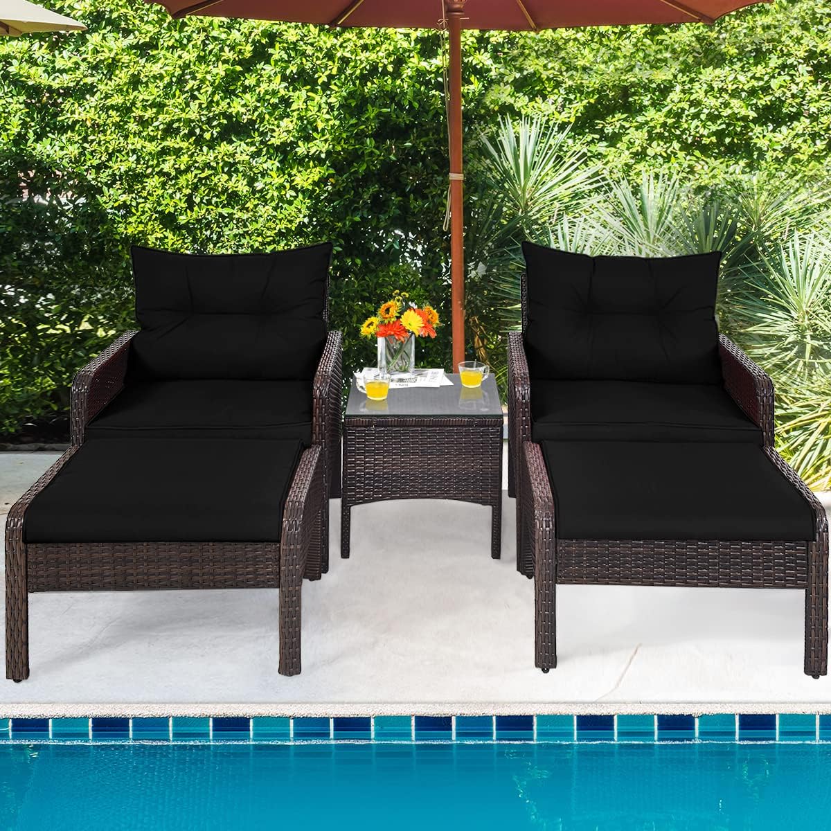 HAPPYGRILL 5 Pieces Patio Furniture Set Outdoor Rattan Wicker Conversation Set with Coffee Table Cushioned Sofas and Ottoman Chat Set for Garden Backyard