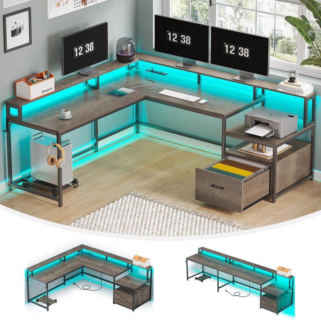 SEDETA L Shaped Desk, 66' Home Office Desk with Wood File Drawer, Power Outlet, Corner Computer Desk with Monitor Shelf, Printer Storage Shelves, Gaming Desk with Led Lights, Two Person Desk, Walnut