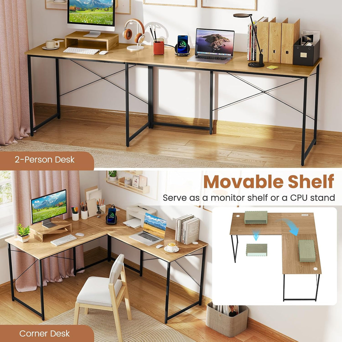 Tangkula L-Shaped Computer Desk with Power Outlets, 95' Long 2-Person Desk with Monitor Shelf, Modern Corner Desk Gaming Table with USB Ports for Home Office