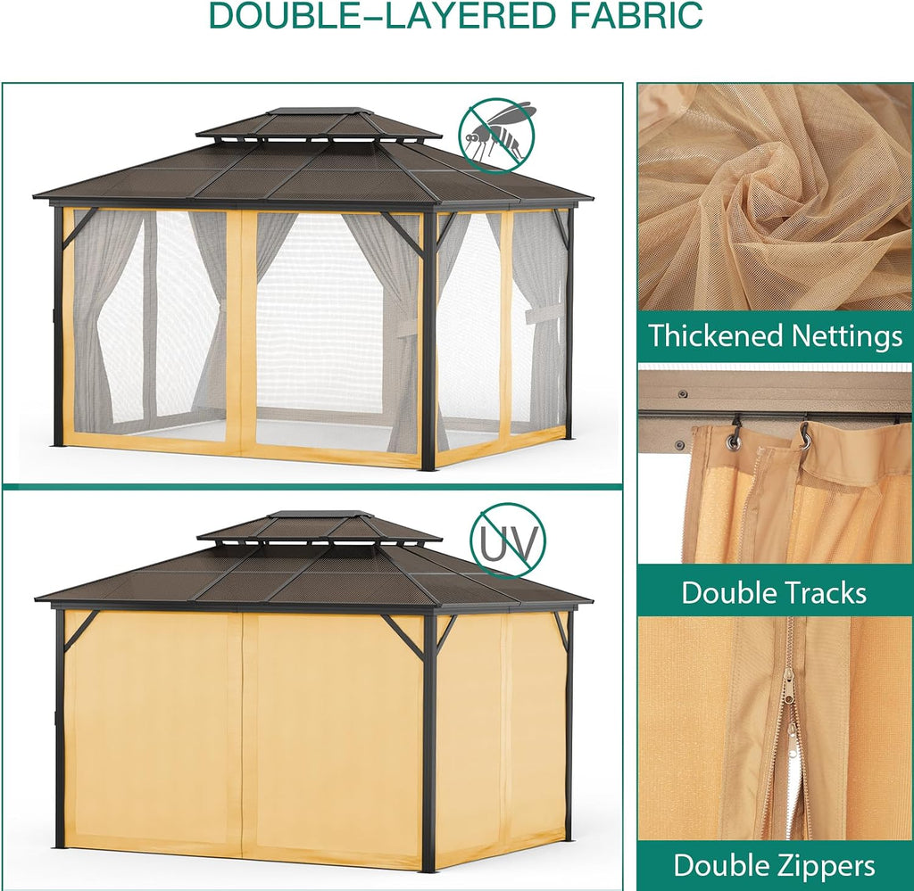 Garvee 10X13 FT Hardtop Gazebo with Double Polycarbonate Roof & Aluminum Frame - Includes Netting & Curtains for Patio, Garden, Backyard Brown