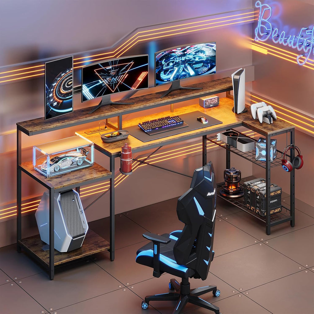 Bestier 71.5 inch Computer Desk with Power Outlets, LED Large Home Office Desk with Monitor Stand, L Shaped Corner Desk with Printer Stand Adjustable Shelf, Cup Holder & Headset Hooks, Brown