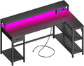 SUPERJARE 53 inch Reversible L Shaped Desk with LED Lights & Power Outlets, Computer Desk with Shelves & Monitor Stand, Gaming Desk with Drawer, Home Office Desk, Carbon Fiber Black