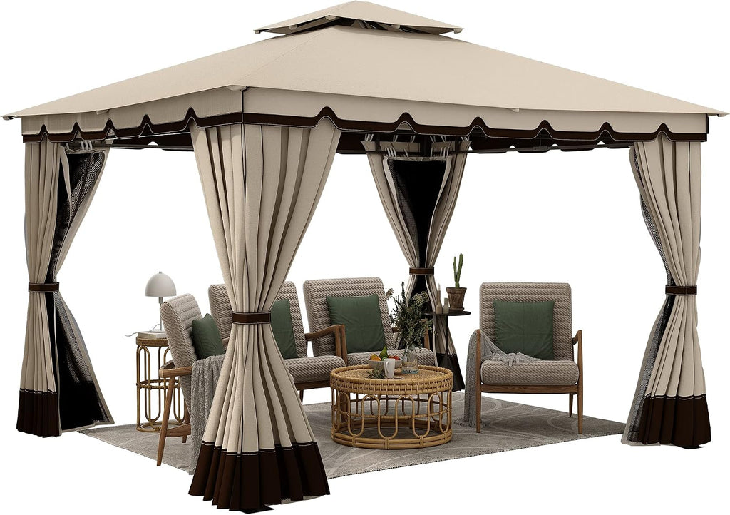 YITAHOME 10x12FT Patio Gazebo Event Shelters Outdoor Double Roof Canopy Gazebo w/Netting & Curtains, Soft Fabric Top Garden Winds Tent with Steel Frame Privacy Screens for Backyard, Garden, Lawn