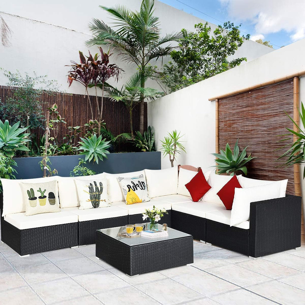 HAPPYGRILL 7-Pieces Patio Furniture Set Outdoor Rattan Wicker Sectional Sofa Set with Cushions & Pillows & Coffee Table for Garden Lawn