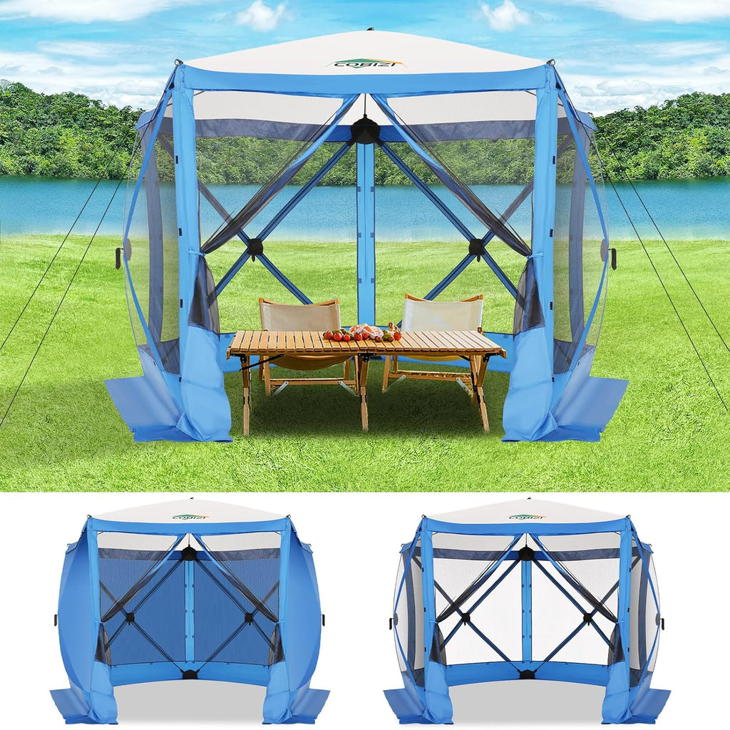 COBIZI 10x10 FT Pop up Gazebo, Popup Canopy Tent,Screened in Gazebos with sidewalls, Waterproof Portable Outdoor Small Screen Tents Sun Shelter,carpas para Patio for Camping, Garden and Backyard,Blue