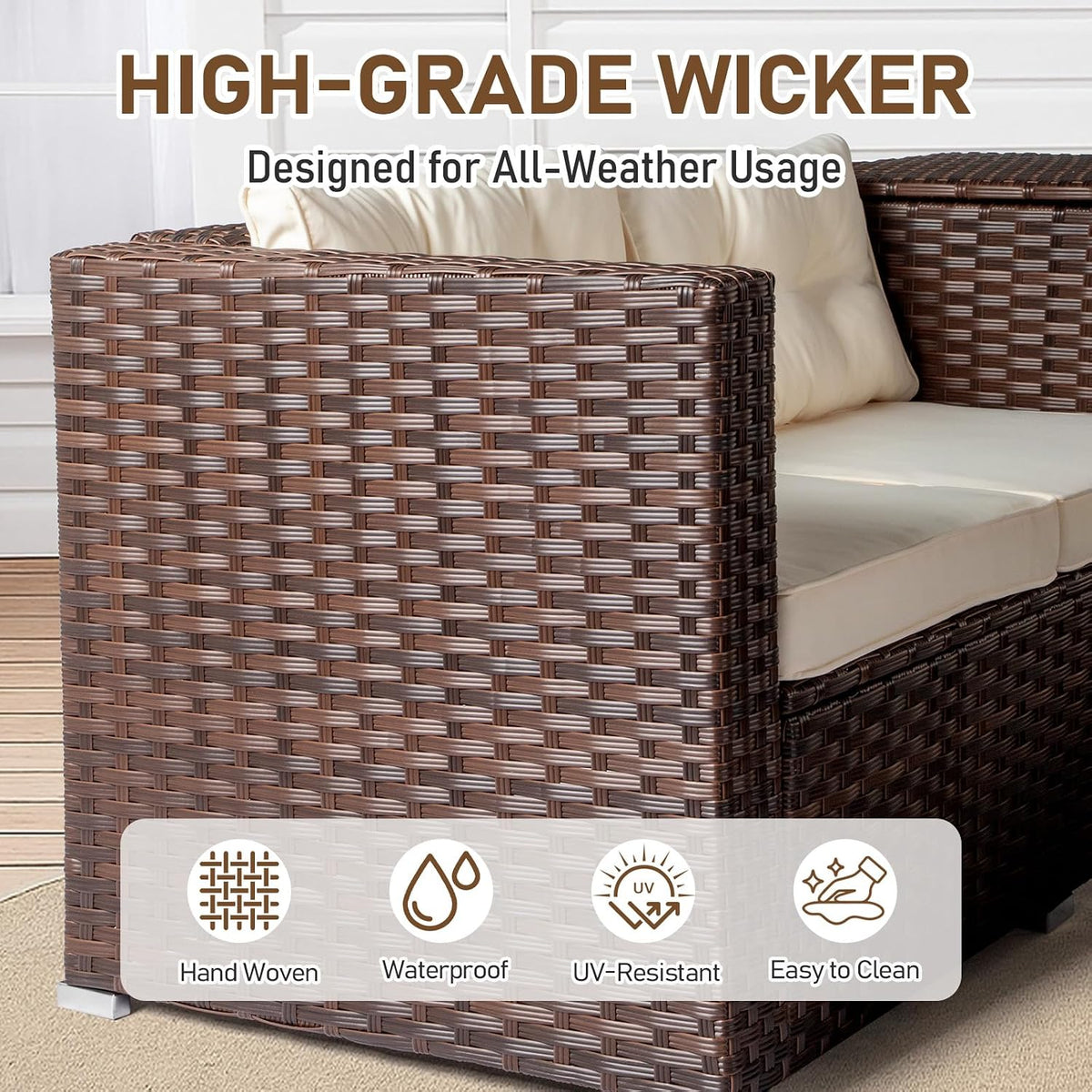 VINGLI 4 Pieces Outdoor Sectional Wicker Patio Furniture with Storage, Patio Sectional Sofa Outdoor Couch Conversation Set, Glass Top Coffee Table for Backyard, Pool, Garden(Brown)