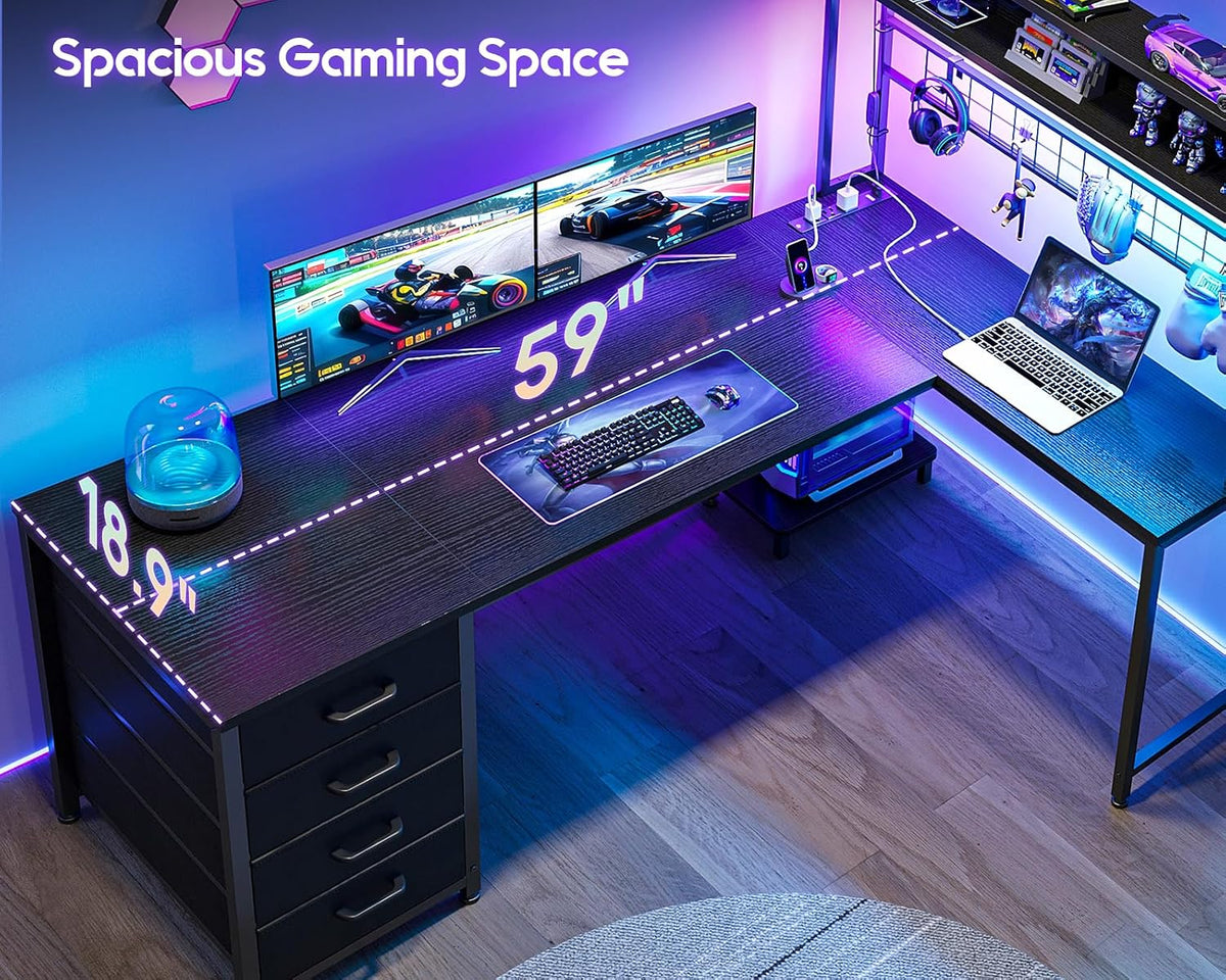AODK L Shaped Gaming Desk with 4 Drawers, 59' Reversible Computer Desk with Hutch and Shelves, Gamer Desk with LED Lights, Power Outlets, Home Office Corner Desk with Gird Pegboard, Black
