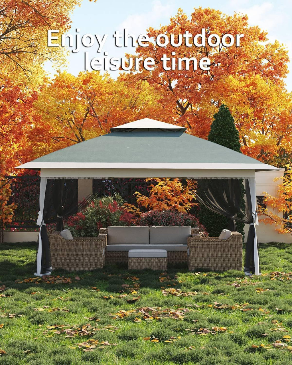 Canopy Tent 13x13, Pop Up Gazebo Tent Easy Setupwith 4 Sand Bags for Backyard Garden Patio, Mosquito Netting & Height Adjustable - Dark Green