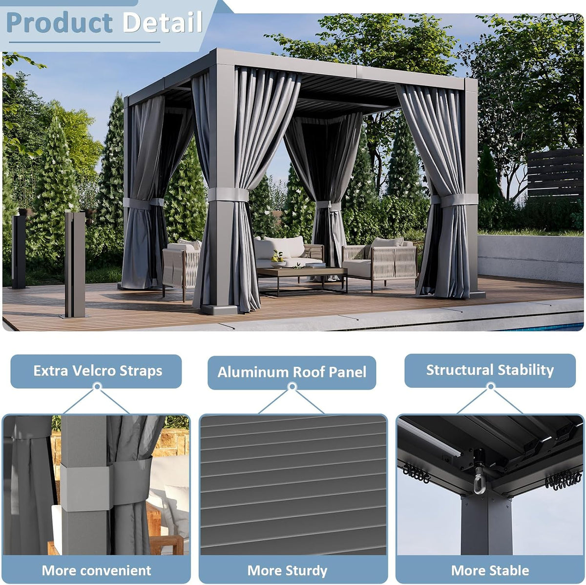 Aoxun Louvered Pergola 10' x 10' Outdoor Aluminum Pergola Adjustable Roof, with Waterproof Curtains and Nets, for Decks, Gardens, Gray