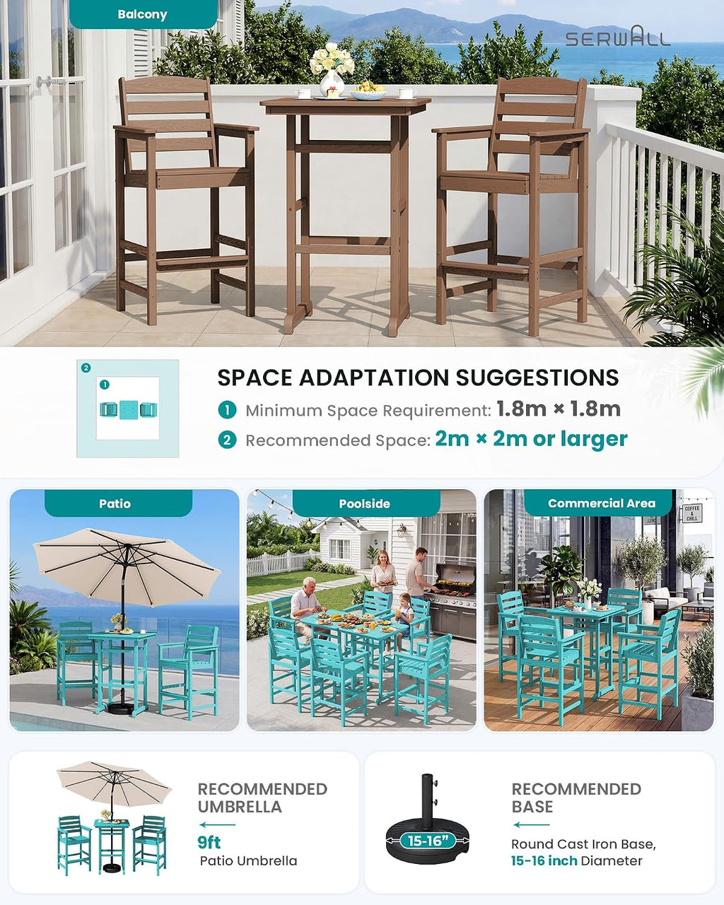 SERWALL Balcony Adirondack Chairs and Table 3 Pieces Set, Adirondack Bar Height Chairs Set of 2 and Bar Table, Outdoor Bar Stools Set for Bistro, Poolside, Backyard, Aruba