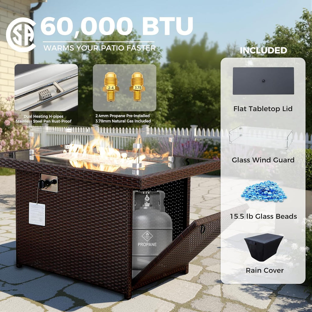 BULEXYARD 7 Pcs High Back Patio Furniture Set with Fire Pit Table Propane/Natural Gas Dual Fuel, All-Weather Outdoor Sectional Couch, Comfy Backyard Seating for Exterior, Brown Wicker & Beige Cushion