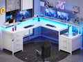SEDETA L Shaped Desk with 6 Drawer, 108' Home Office Desk with File Drawer & Power Outlet, Corner Computer Desk with Monitor Shelf, File Cabinet, Two Person Desk, Gaming Desk with Led Lights, White