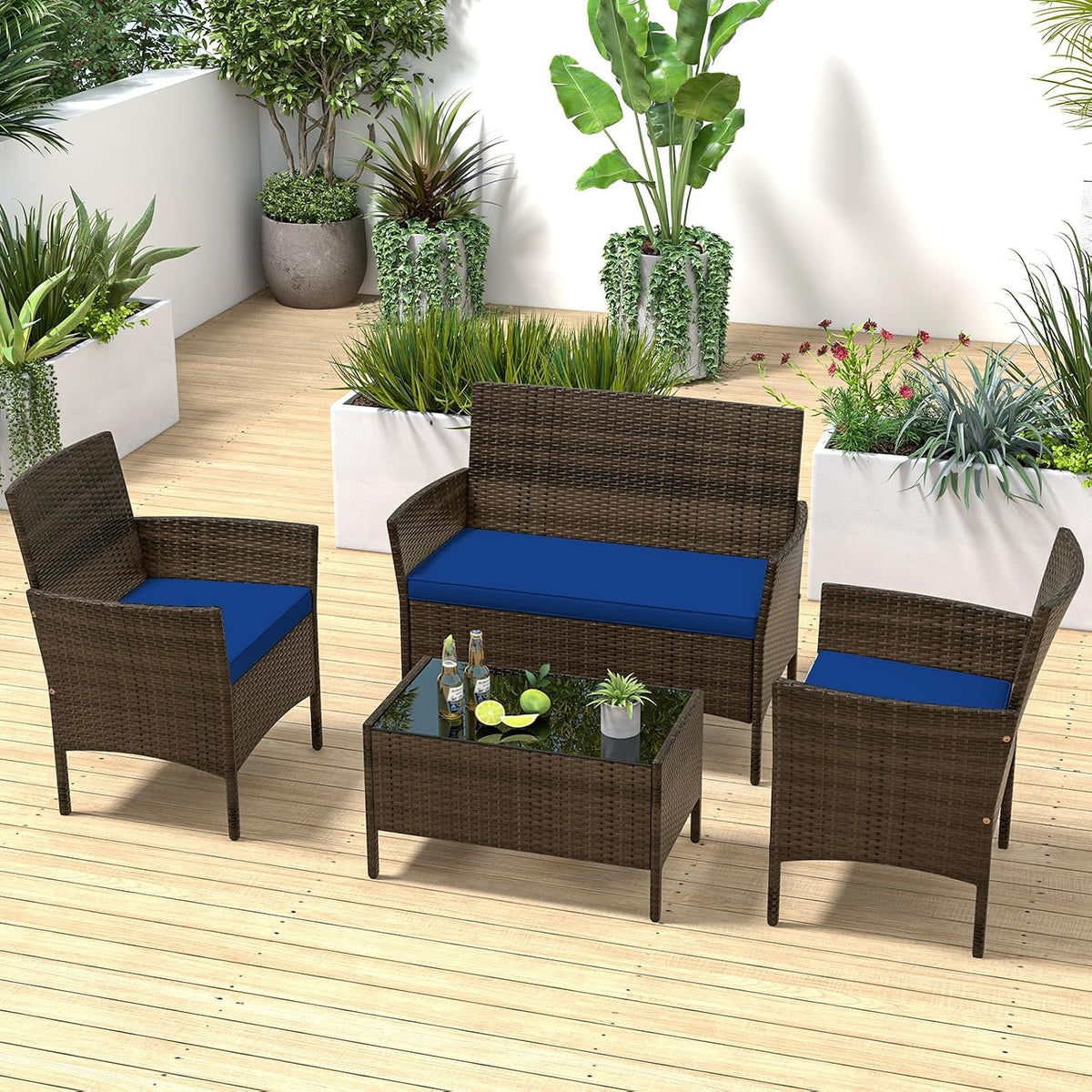 ORALNER 4 Pieces Patio Furniture Set, Rattan Chairs Loveseat with Soft Cushion and Glass Table, Outdoor Wicker Conversation Set for Balcony Garden Backyard Porch Poolside (Navy)