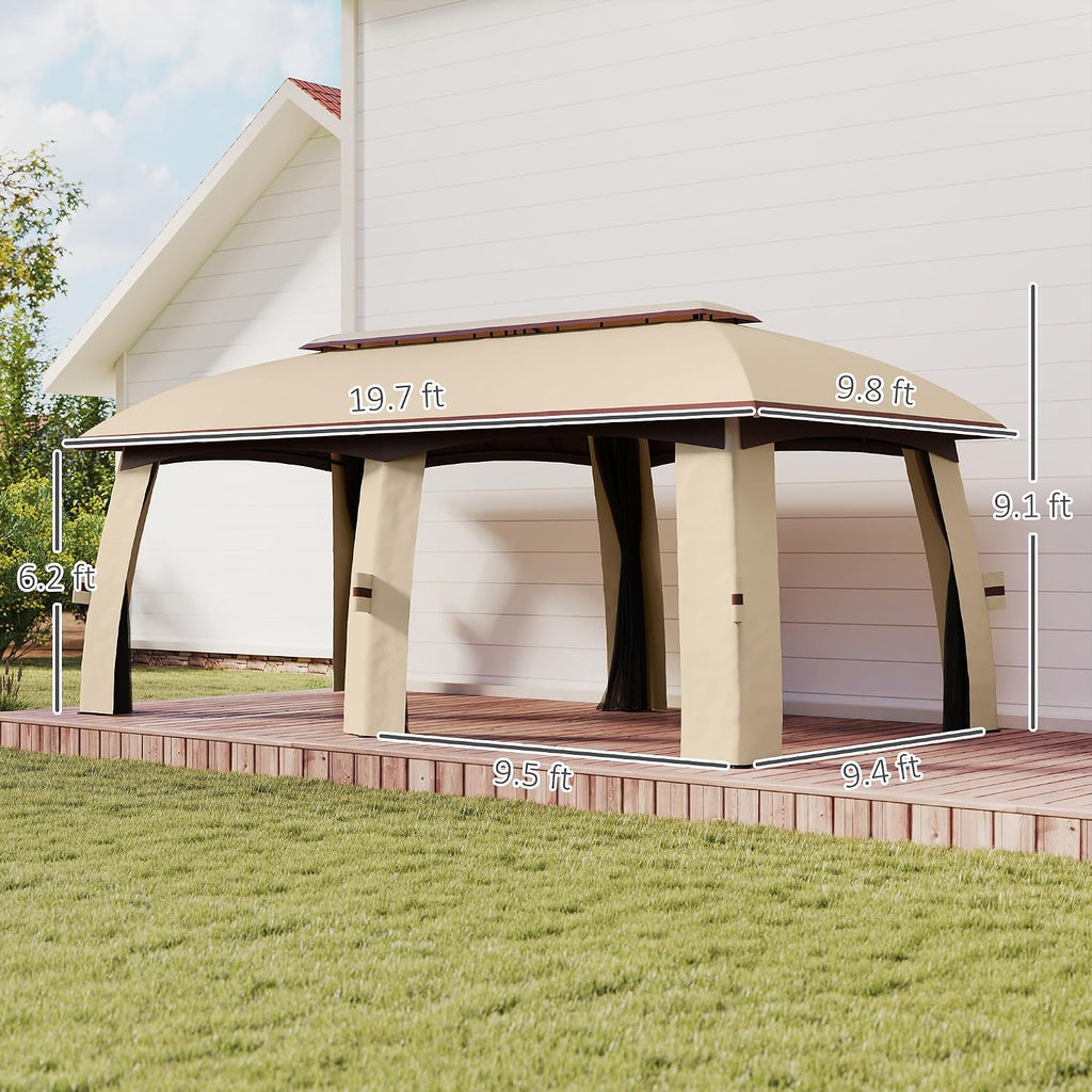Outsunny 10' x 20' Patio Gazebo, Outdoor Gazebo Canopy Shelter with Netting, Vented Roof, Steel Frame for Garden, Lawn, Backyard, and Deck, Beige