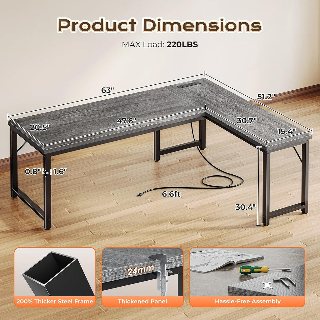 Huuger 63 Inch L Shaped Desk with Power Outlets and USB-C Port, Reversible Computer Desk, Larger Office Corner Gaming Desk, 0.95 Inch Thicker Desktop, Metal Frame, for Home Office, Study, Grey