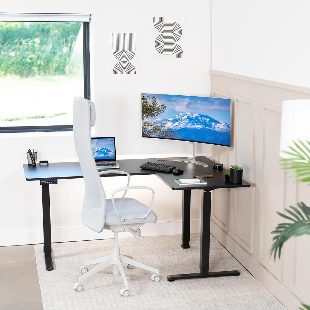 VIVO Corner Standing Desk, 63 x 47 inch Reversible L-Shaped Workstation, Electric Height Adjustment, Home, Office, and Reception Rooms, Black Table Top Black Frame, DESK-E3CTB-47