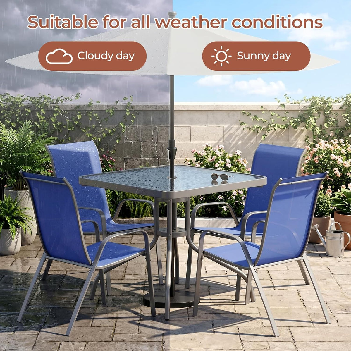 TLSUNNY Patio Dining Set 5 Pieces, All Weather Outdoor Furniture W/30'X 30' Table and 4 Stackable Textilene Chairs, Metal Table and Chairs for Lawn, Garden, Poolside, Backyard (Umbrella not Included)