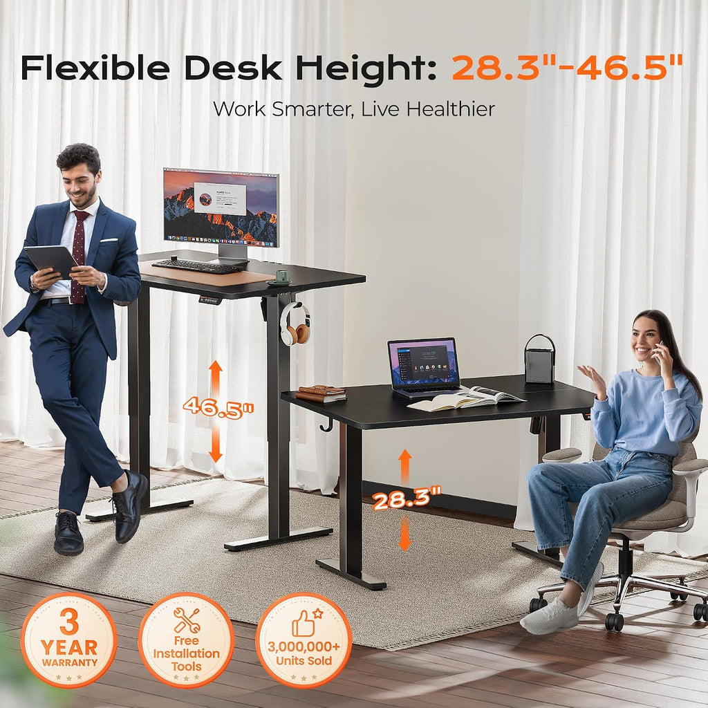 Huuger 48 x 28 Large Electric Standing Desk, Height Adjustable Desk, 27.6' Deep Desktop, Stand up Gaming, 2 Hooks, 3 Preset Heights, for Home Office, Black