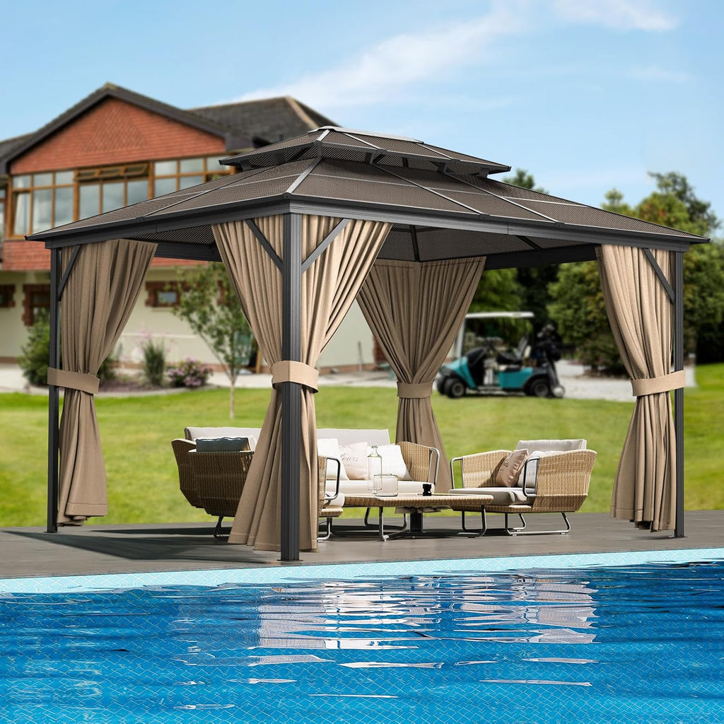 Garvee 10X13 FT Hardtop Gazebo with Double Polycarbonate Roof & Aluminum Frame - Includes Netting & Curtains for Patio, Garden, Backyard Brown