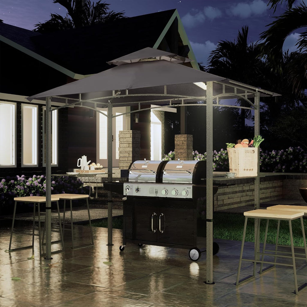 COOSHADE 8'x 5' Grill Gazebo Double Tiered Outdoor BBQ Gazebo Canopy with LED Light (Gray)