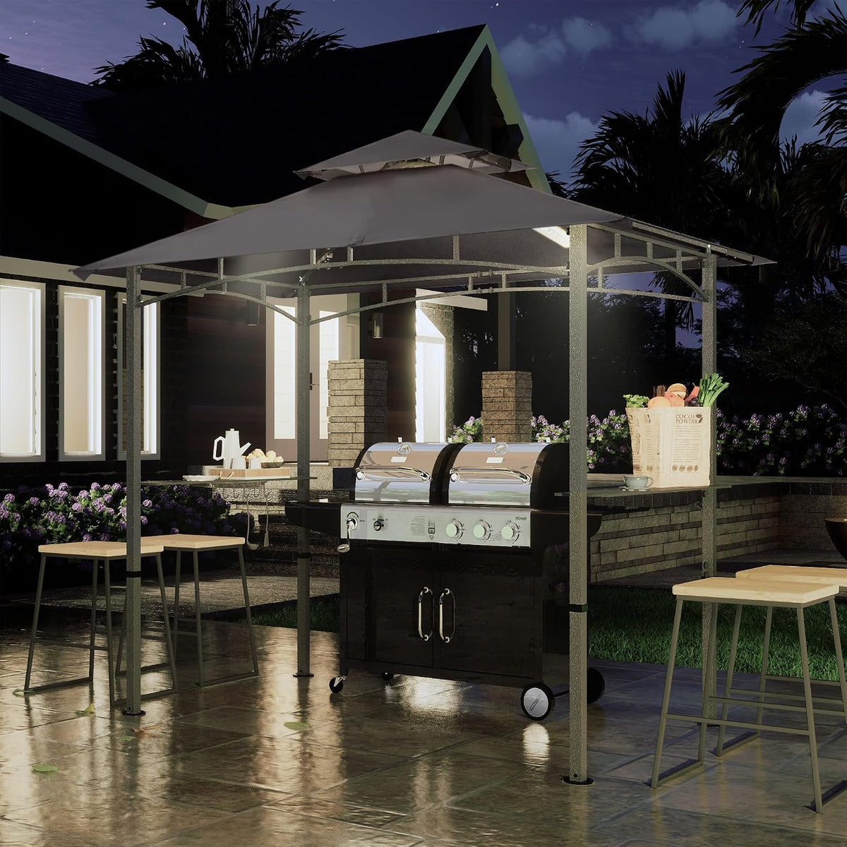 COOSHADE 8'x 5' Grill Gazebo Double Tiered Outdoor BBQ Gazebo Canopy with LED Light (Gray)